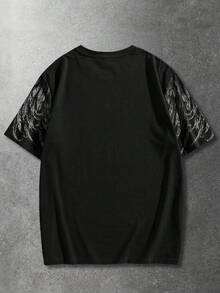 ROMWE MEN 男士休闲翅膀印花宽松短袖T恤，夏季 - 黑色 - 查看 2