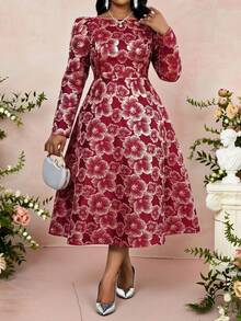 Fleurora Váy midi dài tay jacquard thanh lịch cỡ lớn dành cho nữ, thích hợp cho các bữa tiệc và chuyến đi chơi, mùa thu/đông - Nhiều màu - Xem 1