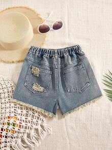 Pantaloncini di jeans consumati per ragazze adolescenti, nuovi arrivi estivi leggeri, jeans di media lavatura vintage, design casual alla moda da strada per vacanze, modello semplice di base con orlo sfilacciato, vita elastica, jeans strappati, tessuto di jeans in cotone morbido e confortevole, adatti per uso quotidiano, raduni, feste, scuola, pendolarismo, nuova collezione primavera/estate - Blu lavato medio - Visualizzare 2
