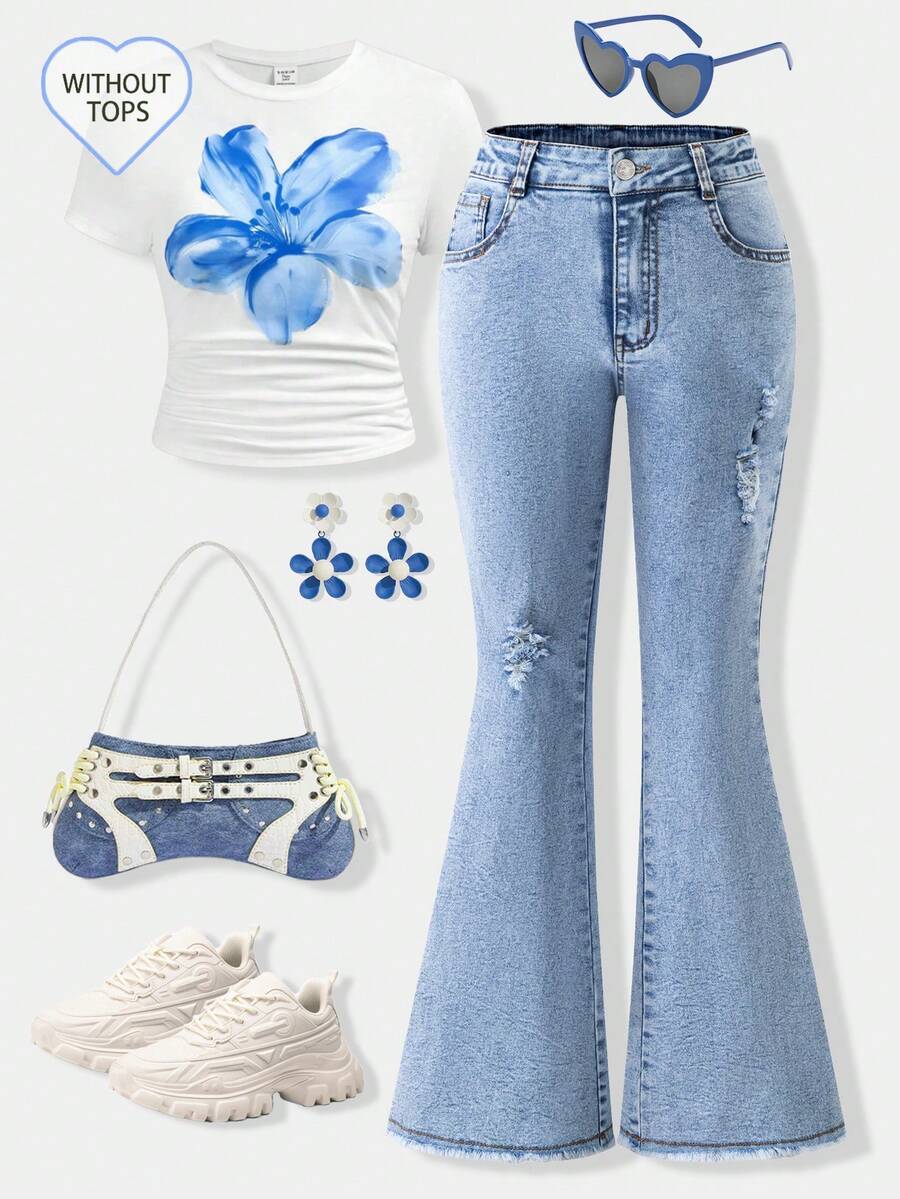 SHEIN Girls' High Waist Retro Washed Blue Flared Jeans, Children Elastic Slim Fit Ripped Distressed Casual Everyday Versatile Denim Flare Pants - Light Wash - View 1