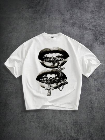 Manfinity ZONE917 Oversized Distressed Gray Street Style Lip, Rhinestone, Cross Print White Short Sleeve T-Shirt, Suitable For Summer, Funny Gift For Boyfriend Or Yourself