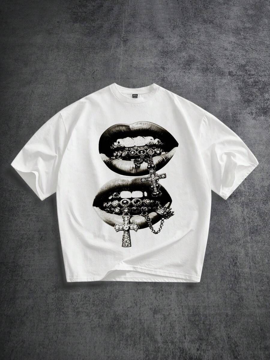 Manfinity ZONE917 Oversized Distressed Gray Street Style Lip, Rhinestone, Cross Print White Short Sleeve T-Shirt, Suitable For Summer, Funny Gift For Boyfriend Or Yourself - White - View 1