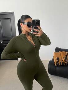 POPSWAY Bộ áo liền quần dài tay và quần dài màu đen cỡ lớn, khóa kéo phía trước, thắt eo, dáng ôm, màu trơn, đa năng, phong cách thường ngày. - Màu xanh Ô liu - Xem 3