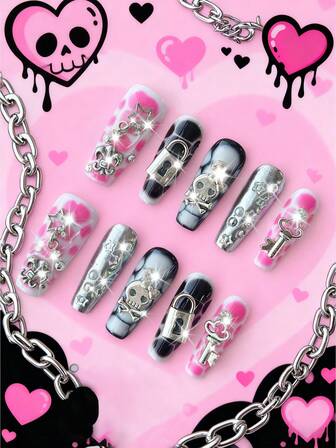 Kawaii 10 piezas de uñas postizas de alta calidad con diseños pintados a mano de alas, notas musicales, estrellas con encaje de lunares, + 3 piezas de adhesivo doble cara, uñas postizas en forma de ataúd removibles y reutilizables, pegatinas de lazos para uñas, adecuadas para vacaciones, fiestas, baile y uso diario