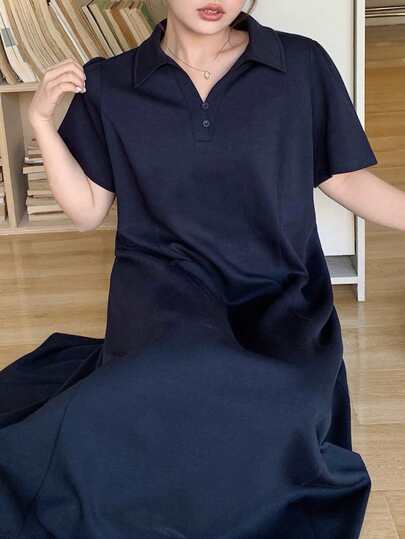 Dazy Plus 大码女式纯色 Polo 领半开襟短袖休闲直筒 T 恤裙，春夏连衣裙
