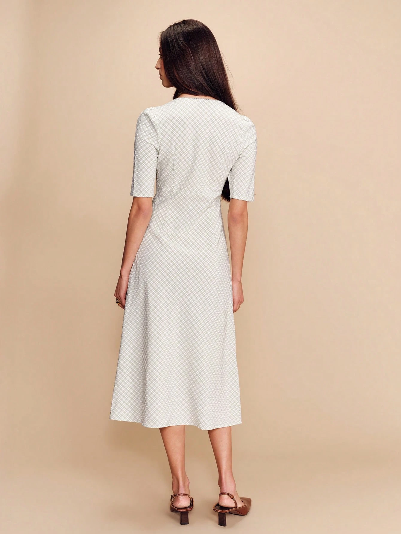 Light Sage Green Check Print Midi Dress With V-Neck And Short Sleeves Cute Spring Summer Style French Style Parisian Style Going Out Business Casual Women's Summer Dress Casual Midi Dress Short Sleeve Dress