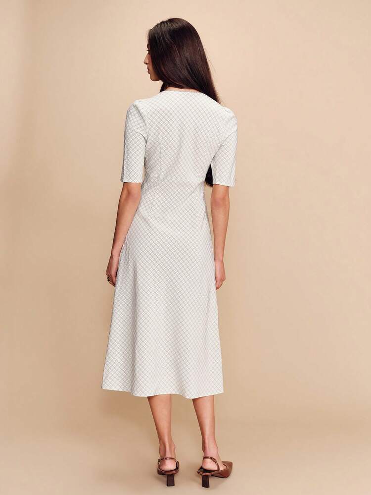 Light Sage Green Check Print Midi Dress With V-Neck And Short Sleeves Cute Spring Summer Style French Style Parisian Style Going Out Business Casual Women's Summer Dress Casual Midi Dress Short Sleeve Dress