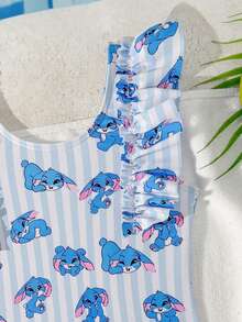 SHEIN Young Girls Cute Ruffled Tropical Floral Print One-Piece Swimsuit, Pink Tie Dye Beach Outfit, Swimwear, Beach Wear - Blue - View 4