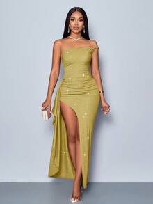 SOLERSUN Suitable For Christmas Party Vacation & Dating & Valentine's Day Dating Bright Red Asymmetrical Shoulder Straps High Side Slit Ruffle Trim Sparkly Long Dress For New Year Clothes Maxi Women Outfit Slit Dress Vegas Dress Sexy Vacation Dress Green Sparkly Dress Cruise Dress - Mustard Yellow - View 7