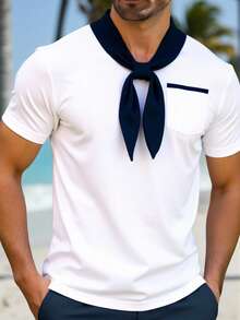 Manfinity Homme Men's Contrast Trim Pocket Twist Casual Short Sleeve Polo Shirt - White - View 3