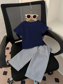 SHEIN 2pcs Infant Girls' Summer Fashionable Minimalist Street Style White Short Sleeve T-Shirt With Black Embroidered Decor On Chest And Apricot Striped Pants Set, Suitable For Daily School Wear - Navy Blue - View 2