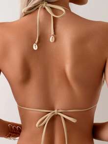 Swim Basics 女士夏季海灘純色簡約領口比基尼上衣，特殊面料 - 米色 - 查看 2