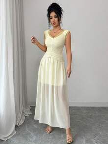 SHEIN Clasi Women's Elegant Light Yellow Lace Patchwork Off Shoulder Dress, Summer - White - View 5
