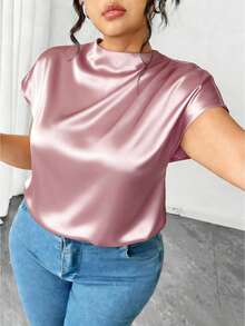 Elenzga Plus Size Women's Elegant Black Poplin Solid Color Shirt, Spring/Summer - Pink - View 3