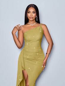SOLERSUN Suitable For Christmas Party Vacation & Dating & Valentine's Day Dating Bright Red Asymmetrical Shoulder Straps High Side Slit Ruffle Trim Sparkly Long Dress For New Year Clothes Maxi Women Outfit Slit Dress Vegas Dress Sexy Vacation Dress Green Sparkly Dress Cruise Dress - Mustard Yellow - View 6