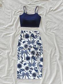 Soleia 2pcs/Set Casual Vacation Style Navy Blue Sun God Palm Tree Hand-Painted Pattern Full Print Women Tank Top And Printed Skirt, Suitable For Spring/Summer Spring - Multicolor - View 3