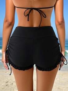 Swim Lushoire Women's Summer Beach Casual Vacation Side Drawstring Ruffle Hem Black Swimsuit Bottom - Black - View 2