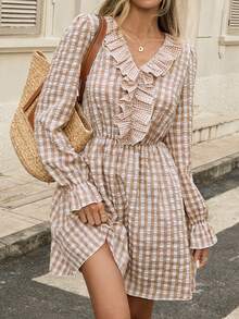 Pariaura Damen Rüschen Taille Karomini-Kleid, klassisches kariertes süßes Lässig-Kleid, geeignet für Dates und Ausflüge - Kaffeebraun - Übersicht 4