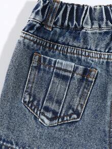 SHEIN Young Girls 2026 Spring Summer New Dark Blue Washed Retro Asymmetric Patchwork Denim Short Skort, Fashion Distressed Frayed Ripped Mini Jean Skirt - Dark Wash - View 4