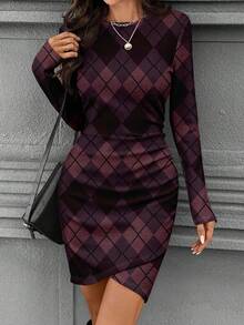 SHEIN LUNE Autumn Long Sleeve Ruched Waist Tight Fitted Elegant Ribbed Short Dress For Women, Autumn/Winter,Plaid Dress Spring,Casual - Purple - View 3