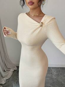 Elenzga Women's Solid Color Metal Decor Asymmetric Collar Long Sleeve Fitted Ribbed Midi Dress