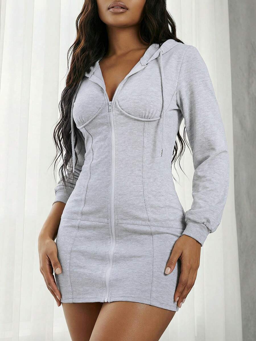 SHEIN VaVaLuxe Áo nỉ Dây kéo màu trơn Giải trí - Màu Xám nhạt - Xem 1