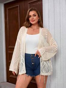 INAWLY Áo khoác cardigan dài tay mỏng, màu trơn, dáng rộng, có tua rua, cỡ lớn. - Màu be - Xem 3