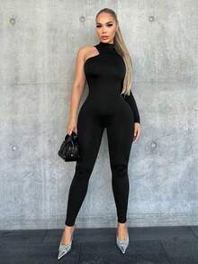 VaVaBold Asymmetrical Shoulder Unitard Jumpsuit Fall Cloth For Women - Black - View 6