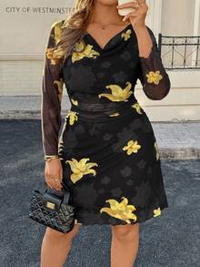 Lounesse 大码女式深V领印花优雅收腰长袖连衣裙，适合约会和派对穿着 - 彩色 - 查看 6