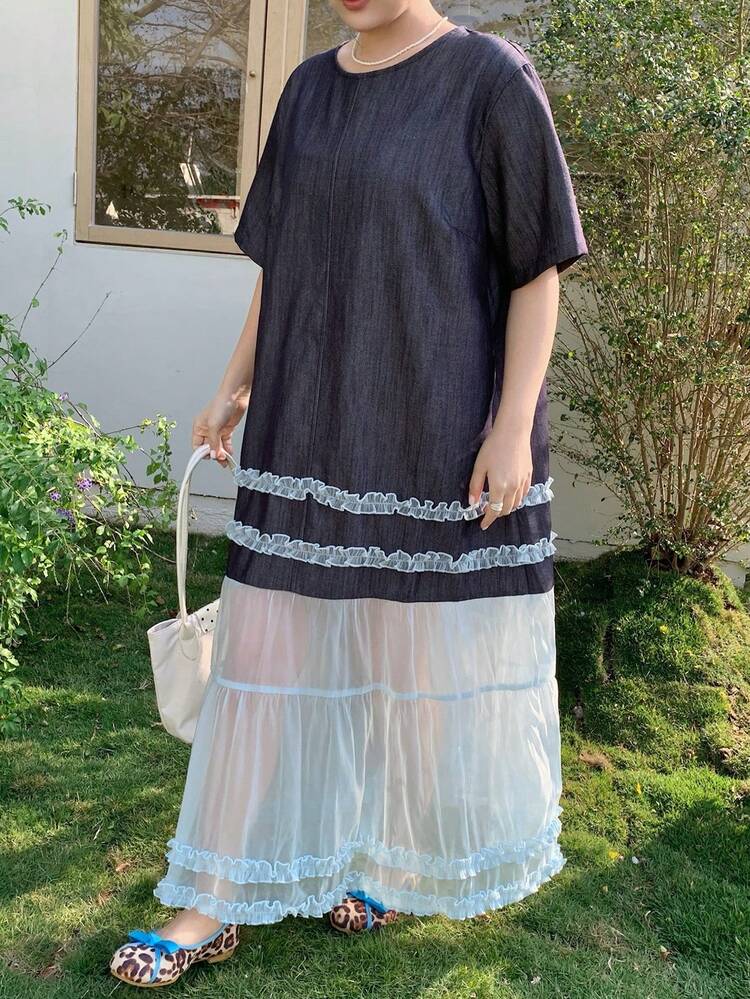 Dazy Plus Plus Size Blue Casual Loose Straight Mesh Patchwork Short Sleeve Round Neck Dress For Girls Sundress
