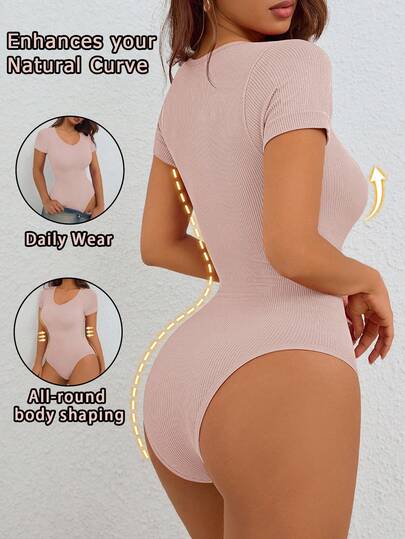 Women Casual Solid Color V-Neck T-Shirt Body Suit , Briefs With Buckle Design ,Ribbed Tummy Control Seamless Bodysuit