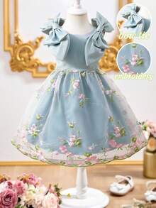 Đầm xanh lá cây mới cho bé gái mùa xuân/hè, có nơ 3D tháo rời trên vai, chất liệu vải satin xanh trơn phối lưới thêu hoa, không tay, cổ tròn, phù hợp cho bé gái. Cao cấp, thanh lịch, duyên dáng, nữ tính, mặc hàng ngày, đi học, đi chơi, nghỉ lễ, dự tiệc, mặc mùa xuân/hè. Đầm thêu hoa màu xanh dương, đầm công chúa, đầm bé gái dự tiệc, đầm trẻ em thanh lịch, đầm nơ, đầm công chúa cho bé gái, đầm màu xanh da trời cho bé gái, đầm trẻ em thanh lịch, đầm nơ cho bé gái dự tiệc. - màu xanh lá - Xem 9