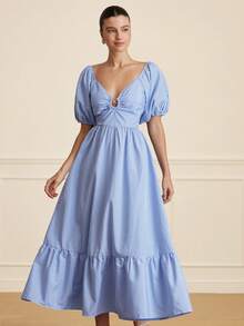 BELROSIE V-Neck Striped Hollow Metallic Star Decor Puff Sleeve Waist Cinched Flared Short Sleeve Dress - Blue and White - View 4