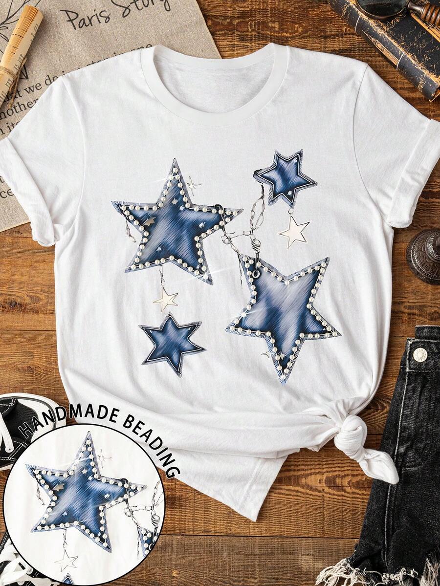 EMERY ROSE Handmade Beaded Star Pattern Round Neck Short Sleeve Women T-Shirt - White - View 1