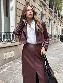 Pariaura Petite 女士纯色纽扣前开襟长袖外套和及膝半裙优雅套装 - 酒紅色 - 查看 4