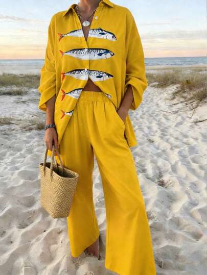 Vaclyn 女士休闲度假纹理褶皱鱼纹衬衫和阔腿直筒裤两件套