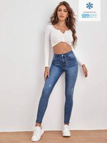 EMERY ROSE سراويل جينز نسائية ذات خصر عالي وجيوب، جينز نحيف وعملي متعدد الاستخدامات - أزرق متوسط - مشاهدة 5