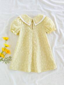 SHEIN Vintaside Kids 1pc Baby Girls Yellow Summer Elegant Fiesta Noche Dress,Jacquard Textured Reversible Collar A-Line Short Sleeve Casual Versatile Dress For Outings - Multicolor - View 2