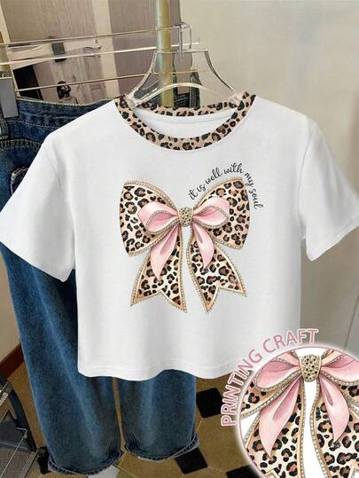 Resyla Women's Leopard Print Bow Slogan Colorblock Graphic Tee, Fashionable Cropped Round Neck Short Sleeve Top For Summer