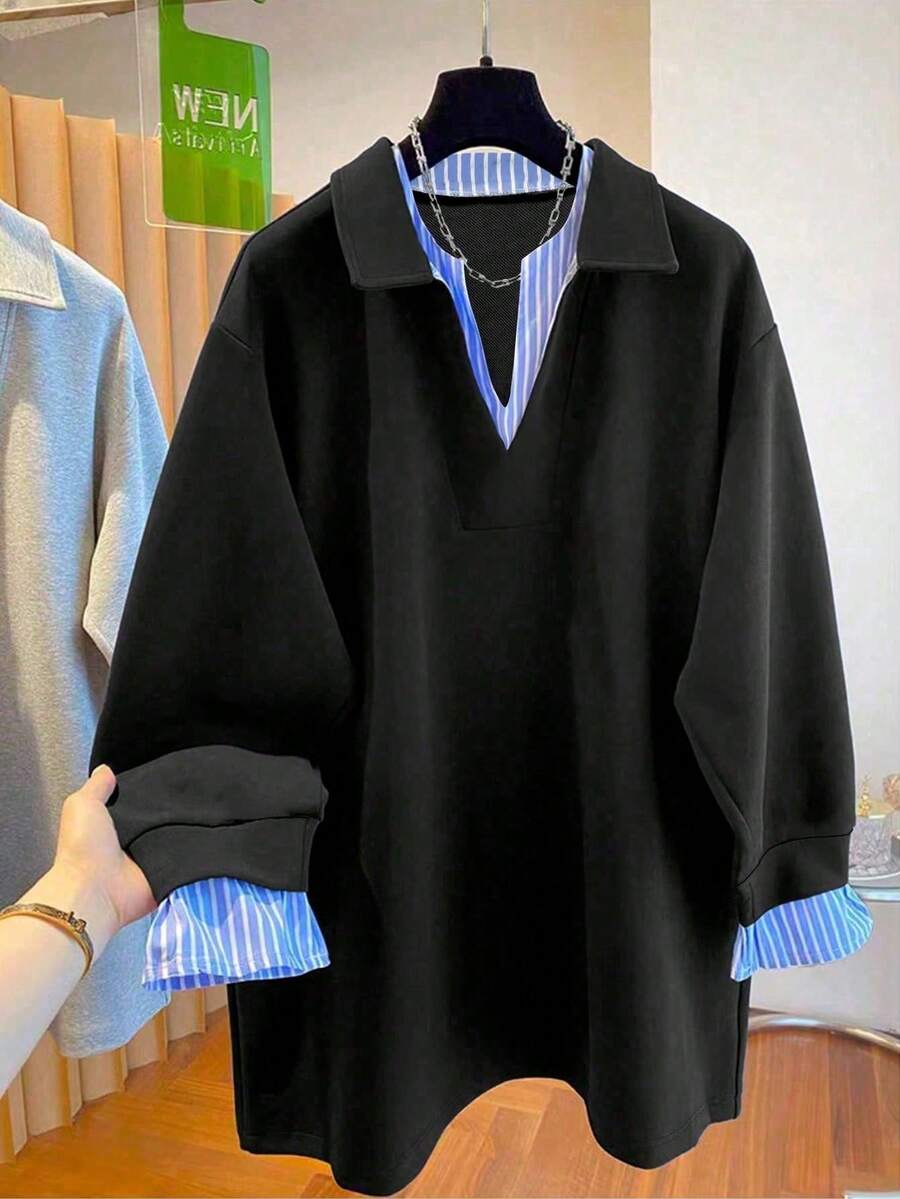 SHEIN 女式纯色简约休闲二合一长袖运动衫 - 黑色 - 查看 1
