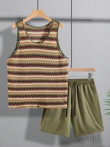 VENTUSAIL Men's Olive Green 2 Pieces Set,Textured Tank Top & Drawstring Shorts,Summer Vacation Holiday Boho Beach Wear,Sleeveless Outfits,Old Money Cancun Style - Multicolor - View 3