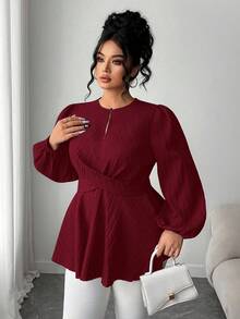 Elenzga 大码纯色简约日常长袖优雅收腰衬衫 - 酒紅色 - 查看 3