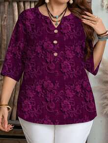 EMERY ROSE Plus Size Casual Floral Print Shirt, Suitable For Summer Spring - Purple - View 3