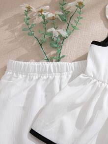 Souflis Souflis 女婴撞色滚边蝴蝶结装饰荷叶边上衣和松紧腰阔腿裤套装，春夏款 - 白色 - 查看 5