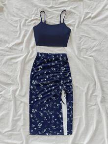 Soleia 女士纯色吊带背心搭配开衩裙休闲套装，适合日常穿着和约会。 - 藍色 - 查看 4