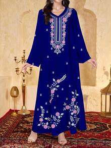 Al Najma 女士藏蓝色V领长袖喇叭下摆优雅舒适印花连衣裙，涤纶材质，适合居家、外出、度假、派对等场合。 - 寶藍色 - 查看 3
