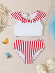 Bộ đồ bơi tankini kẻ sọc phối nơ mùa hè cho bé gái, bộ đồ bơi kẻ sọc đỏ trắng cho bé gái, bộ đồ bơi hai mảnh phong cách preppy cho bé gái, bộ đồ bơi hai mảnh cho bé gái nhỏ, bộ đồ bơi hai mảnh dễ thương cho bé gái, bikini hai mảnh cho trẻ em. - trắng - Xem 1