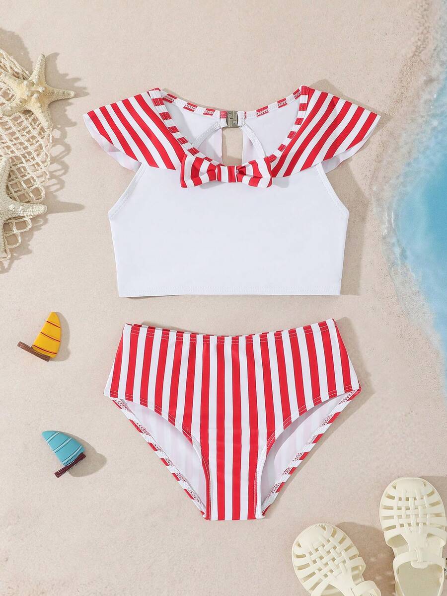 Bộ đồ bơi tankini kẻ sọc phối nơ mùa hè cho bé gái, bộ đồ bơi kẻ sọc đỏ trắng cho bé gái, bộ đồ bơi hai mảnh phong cách preppy cho bé gái, bộ đồ bơi hai mảnh cho bé gái nhỏ, bộ đồ bơi hai mảnh dễ thương cho bé gái, bikini hai mảnh cho trẻ em. - trắng - Xem 1