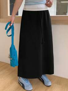 Dazy Plus Black Solid Color Fitted Long Tie-Waist Casual Versatile Skirt, Suitable For Spring And Summer - Black - View 7