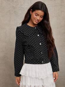WESTFADE Polka Dot Print Oversized Ruffle Peter Pan Collar Button Front Long Sleeve Cotton Blend Denim Jacket - Grey - View 5